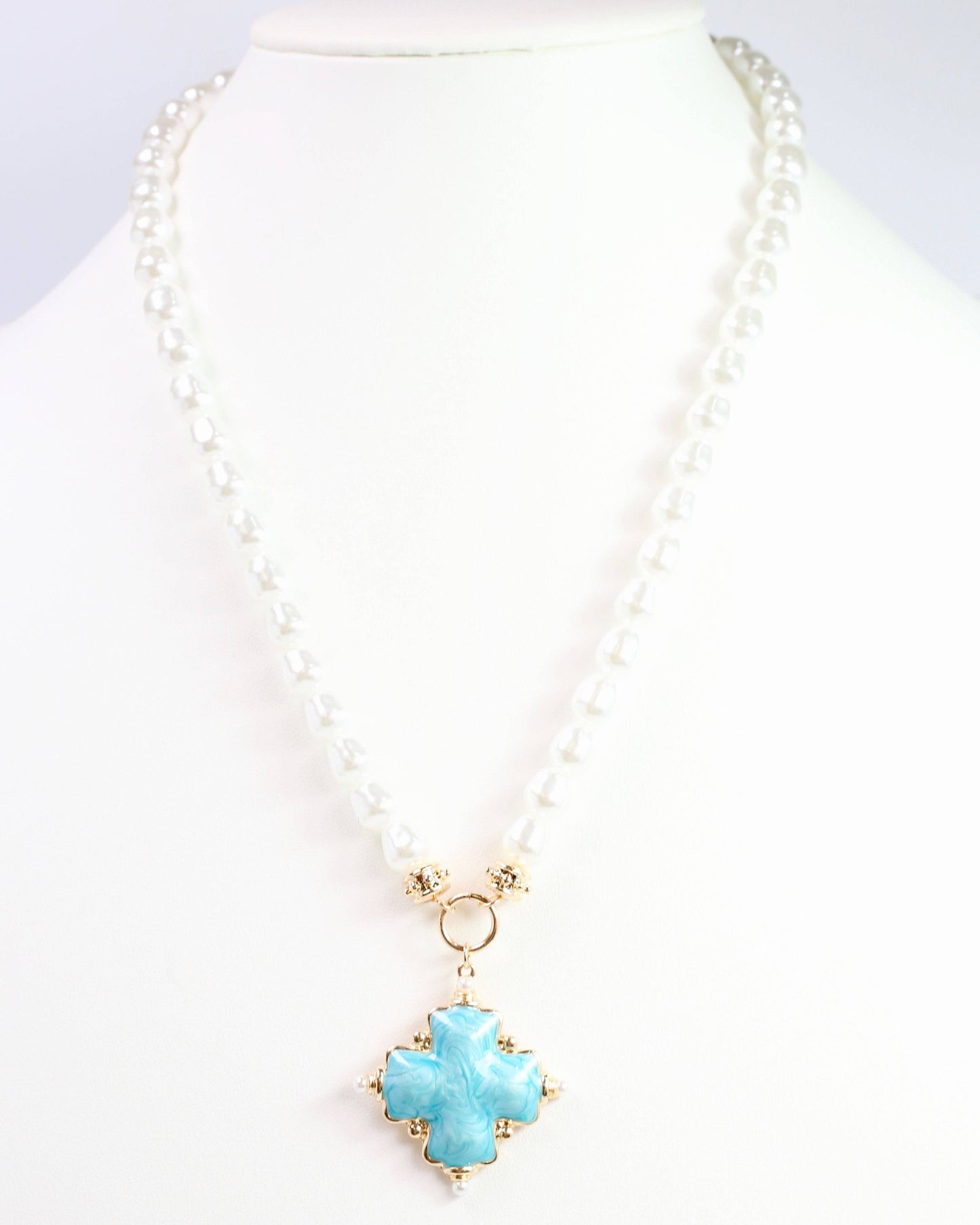 Edie Enamel Cross and Pearl Necklace Turquoise
