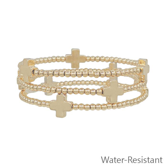 Gold Set of 3 3mm Beaded with Gold Cross Bracelet