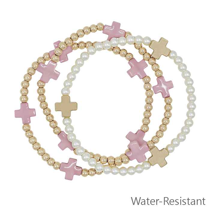 Gold Beaded with Pink Cross and Pearl Set of 3 Bracelets