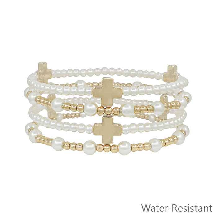 4 Piece Pearl Beaded and Gold Cross Bracelet