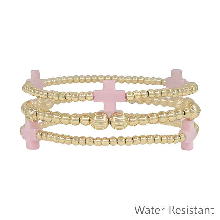 Gold Beaded and Pink Colored Cross Set of 3 Bracelets