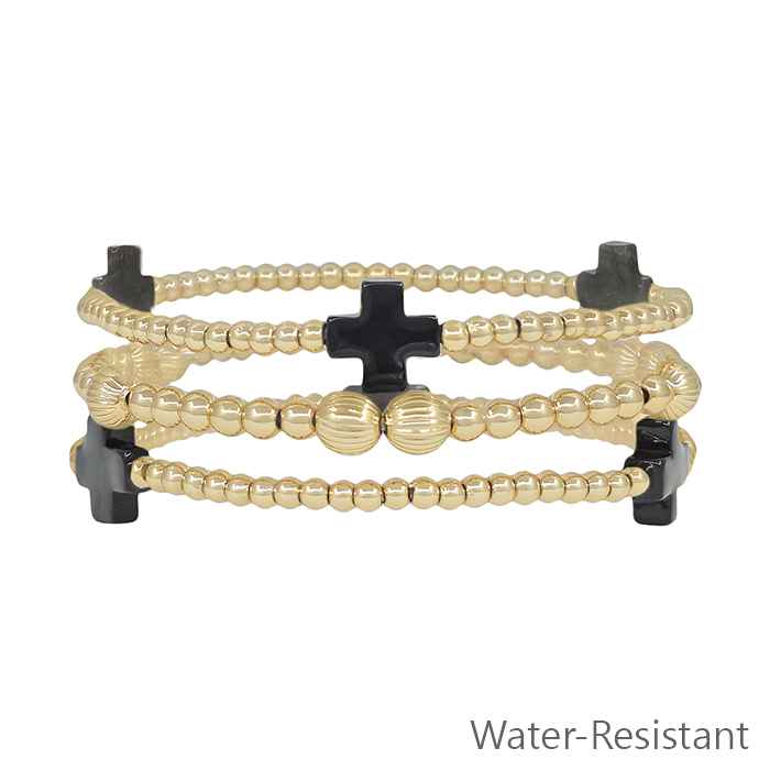 Gold Beaded and Black Colored Cross Set of 3 Bracelets