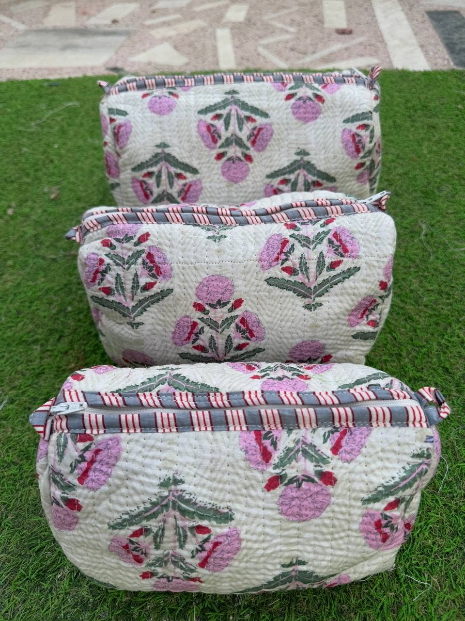 White Pure Cotton Quilted Bag Makeup Bags Floral Print Pouch
