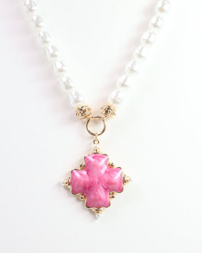 Edie Enamel Cross and Pearl Necklace