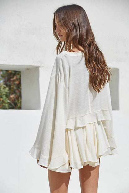 L9403T | Woven Rayon Nylon Round Neck Long Sleeve Top : Cream / S
