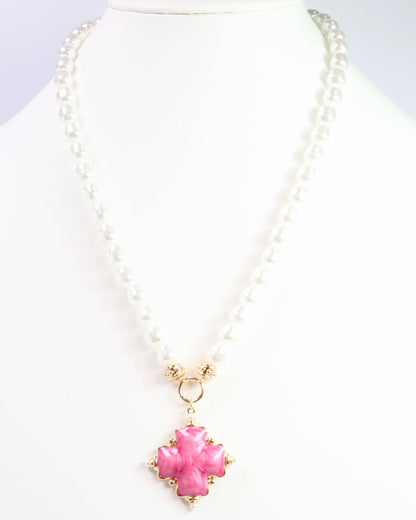 Edie Enamel Cross and Pearl Necklace