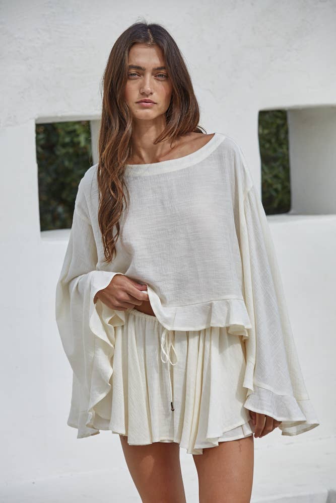 L9403T | Woven Rayon Nylon Round Neck Long Sleeve Top : Cream / S