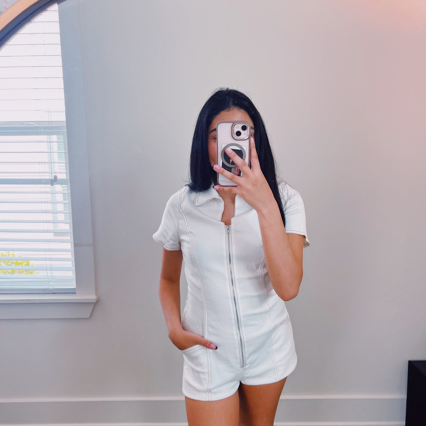 Brie Denim Zip Up Ivory Romper