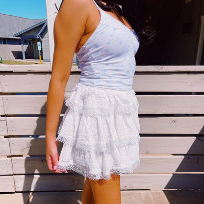 Macy White Ruffle Lace Trim Mini Skirt