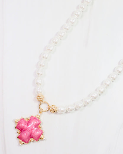 Edie Enamel Cross and Pearl Necklace