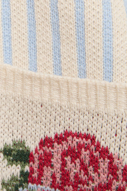 SWEATER CARDIGAN WITH STRIPES AND FLOWER GRAPHIC DETAIL: WHITE-LT BLUE STRIPE / S