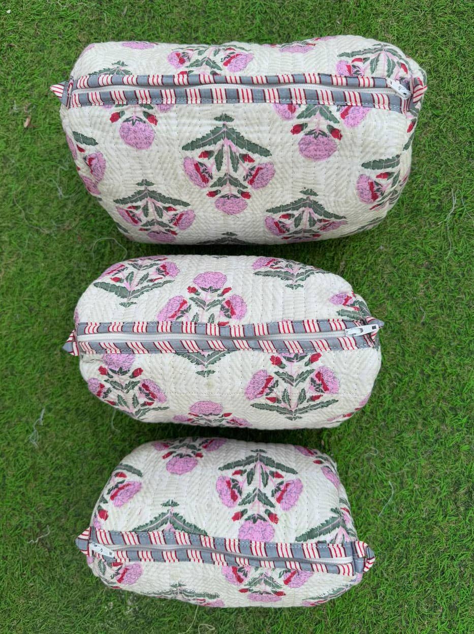 White Pure Cotton Quilted Bag Makeup Bags Floral Print Pouch