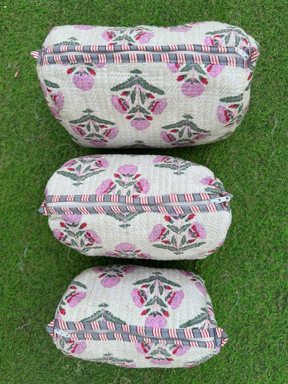 White Pure Cotton Quilted Bag Makeup Bags Floral Print Pouch