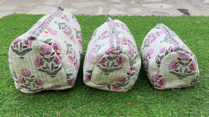 White Pure Cotton Quilted Bag Makeup Bags Floral Print Pouch